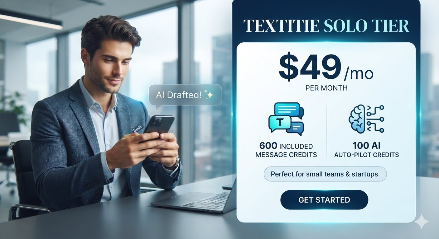 Textitie Solo Tier with AI-drafted Co-Pilot messaging, 600 included message credits, and 100 AI Auto-Pilot credits.